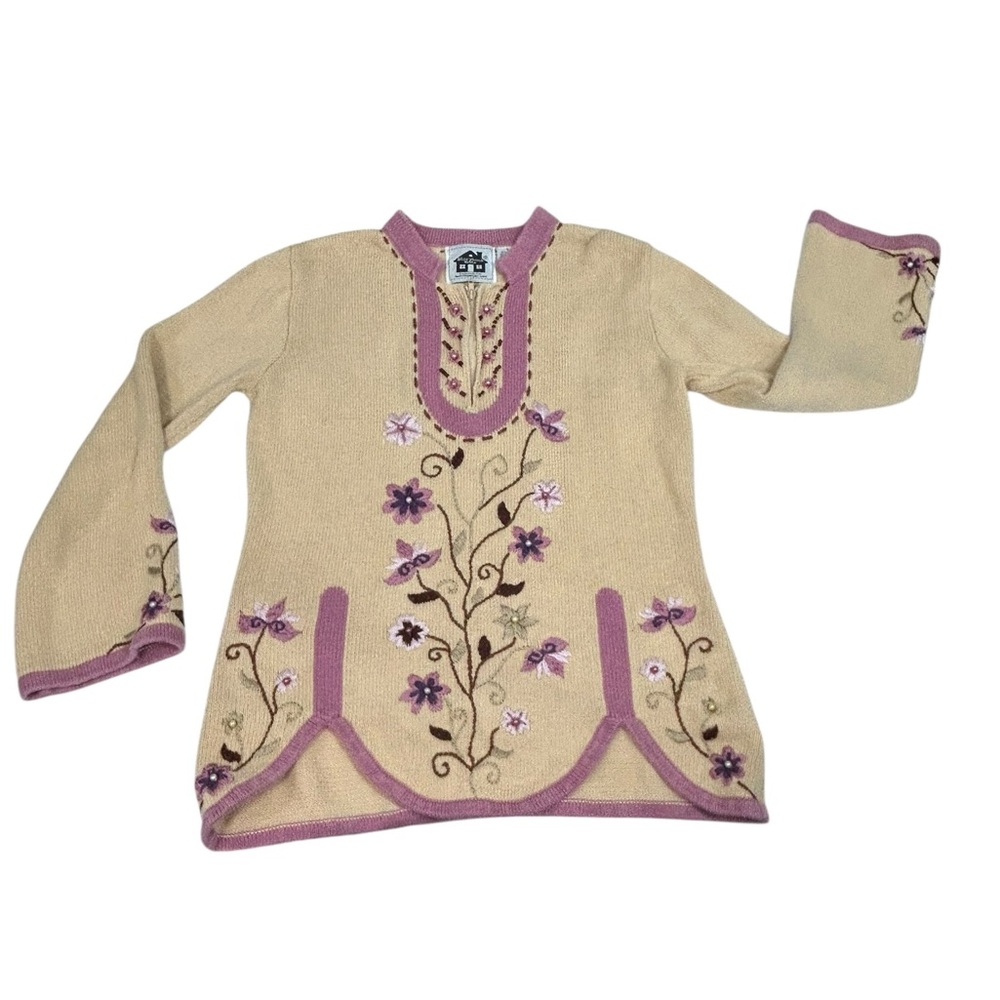 Storybook Knits Irresistible Floral Sweater Zip Neck Nordic Beige Sz Small Vtg - Picture 7 of 12
